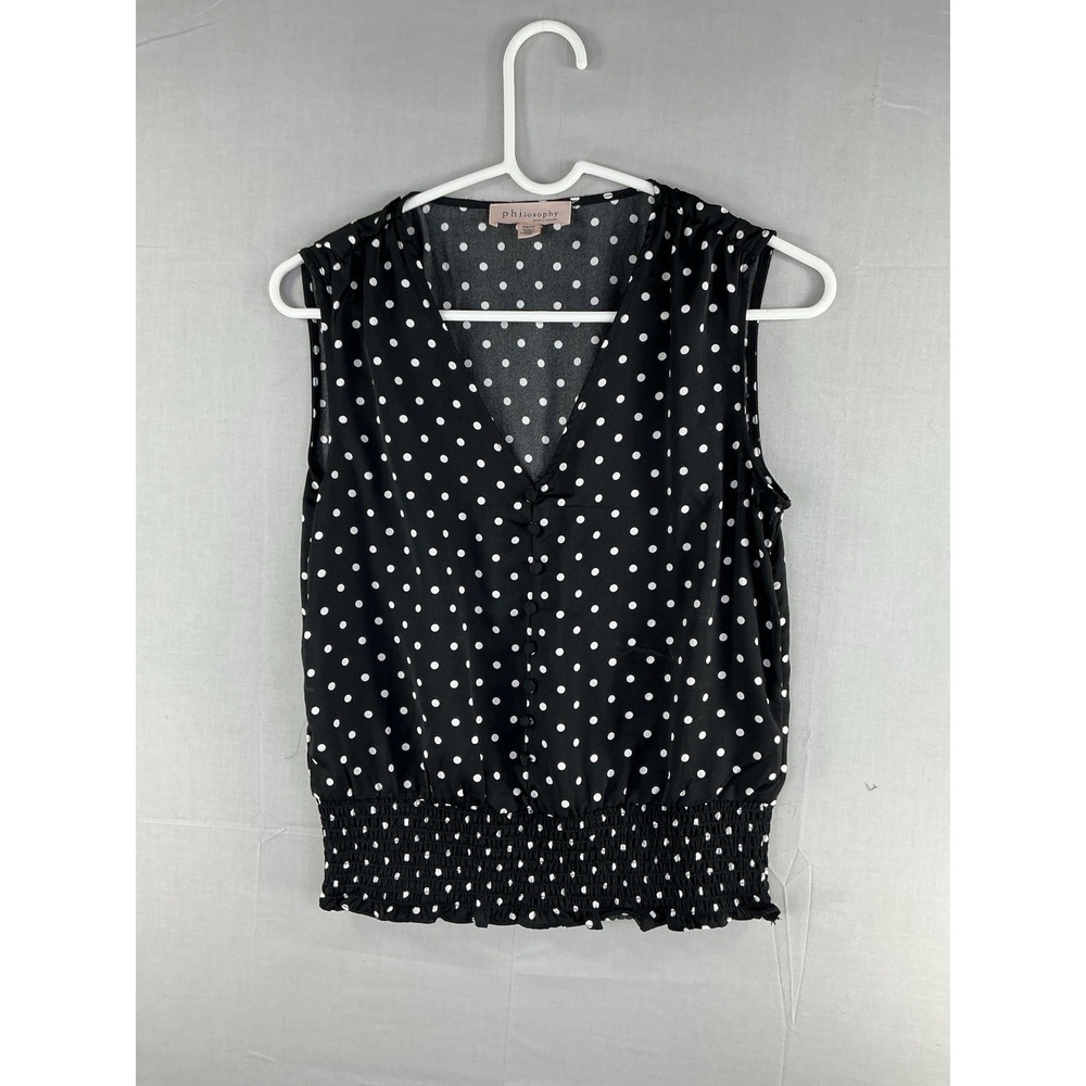 Philosophy Polka Dot Sleeveless Blouse Women's XS Smocked Hem V-Neck